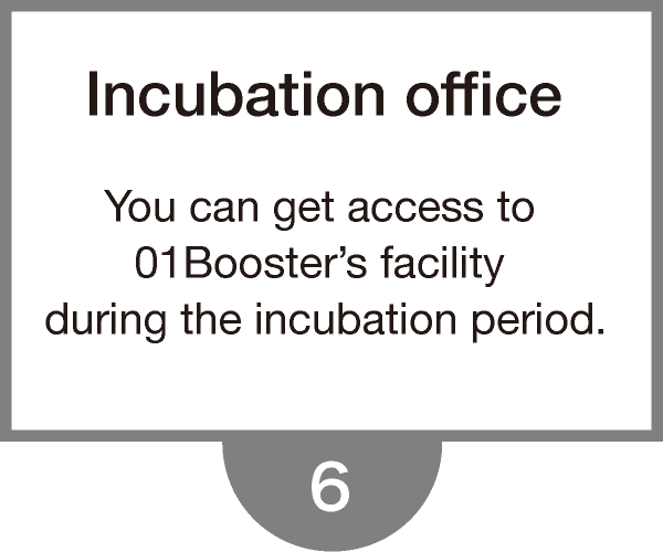 Incubation office - You can get access to 01Booster’s facility during the incubation period.